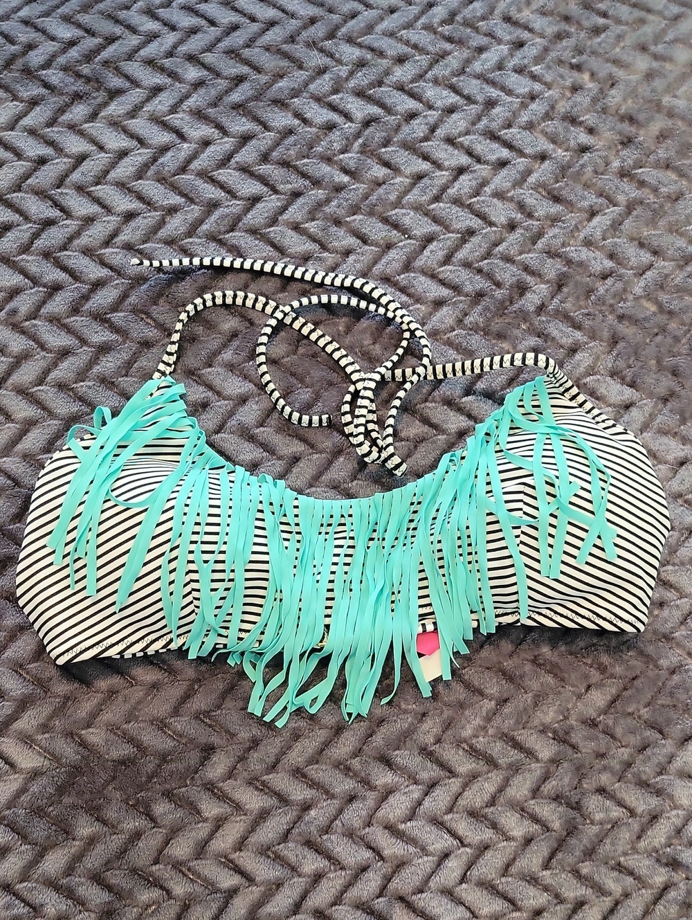 Victoria's Secret Black and White Striped Bikini Top with Mint Fringe